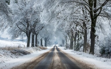 Obraz premium In a winter landscape, a road covered in snow and trees covered in snow