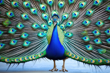 Obraz premium Stunning peacock displaying its vibrant feathers, showcasing brilliant colors and intricate patterns in a mesmerizing pose.
