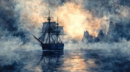 Fototapeta premium A Tall Ship Sailing Through Foggy Waters Towards a Rocky Coastline Under a Dramatic Sky