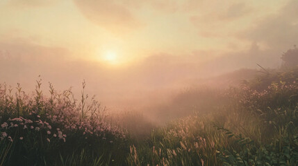 Obraz premium A soft dawn breaking over a fog-laden field, where every detail feels magical and surreal.A soft dawn breaking over a fog-laden field, where every detail feels magical and surreal.