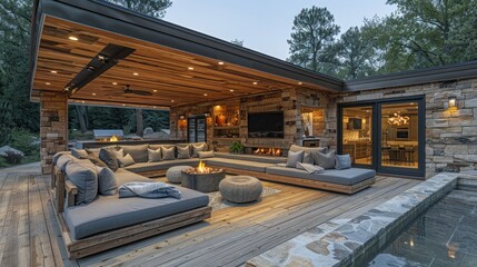 Fototapeta premium Cozy outdoor living space featuring a stylish wooden deck and modern fire pit surrounded by nature's tranquility. Generative AI