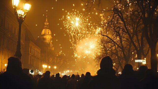 The bustling atmosphere of the St. Stephen's Day celebration in Hungary, with fireworks and parades - Powered by Adobe