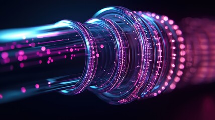 A vibrant, abstract representation of a futuristic glass-like structure with glowing rings and particles, evoking a sense of technology and innovation.