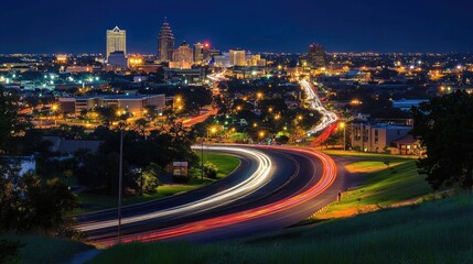Fototapeta premium Nighttime Cityscape with Light Trails and Skyline View