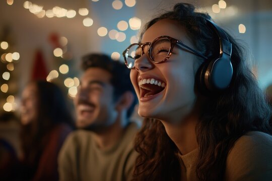 A joyful girl with glasses and headphones shares a hearty laugh amidst a lively gaming session with friends, surrounded by glowing festive holiday lights.
