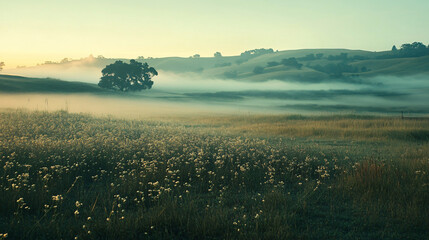 A soft landscape of rolling fields blanketed in fog, where the sounds of nature create a symphony.A soft landscape of rolling fields blanketed in fog, where the sounds of nature create a symphony.