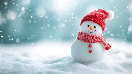 Cheerful snowman wearing a red hat and scarf in a snowy winter scene.