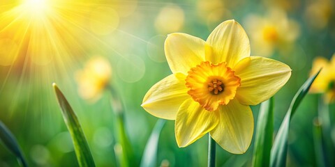 Fototapeta premium Closeup of a Beautiful Yellow Daffodil in Soft Natural Light - Spring Bloom, Floral Photography, Nature Beauty, Bright Colors, Freshness, Vibrant Petals, Macro Shot, Garden Inspiration
