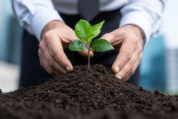 Corporate leader planting trees in urban setting, symbolizing carbon offset goals