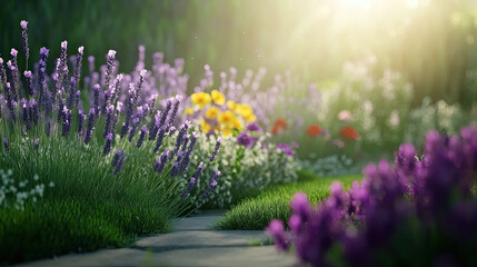 Fototapeta premium picturesque garden path surrounded by vibrant lavender and colorful flowers, bathed in warm sunlight, creating serene and inviting atmosphere