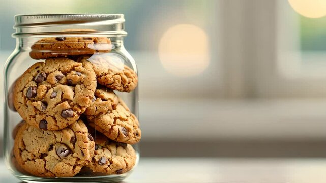 Glass Jar Filled with Homemade Chocolate Chip Cookies on a Blurred Background - Food Photography, Baking, Freshness, Comfort Food, Close-Up, Soft Light, Delicious Treats, Cozy Kitchen Vibes