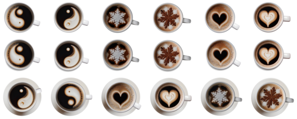 6 different cups of coffee with a design on the foam: with snowflakes , with hearts , with yin yang on an isolated transparent background. With shadow, without shadow, with saucers. Top view. PNG