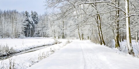 Obraz premium In a winter landscape, a road covered in snow and trees covered in snow