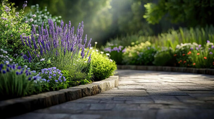 Fototapeta premium serene vintage cottage garden filled with lavender and colorful flowers, creating peaceful atmosphere along stone pathway