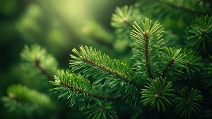 Fototapeta premium Detailed shot of pine needle texture, soft green tones, delicate natural arrangement, forest atmosphere