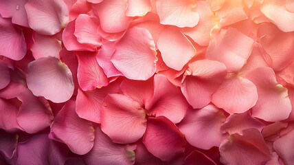 Fototapeta premium Soft pink rose petals bathed in warm sunlight evoke sense of romance and tranquility. delicate texture and gradient hues create dreamy, ethereal backdrop