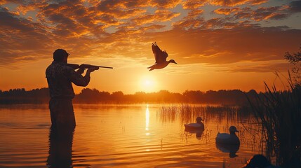 Hunter with a gun hunting on ducks in autumn season at sunset