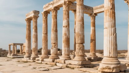 Fototapeta premium Ancient stone columns showing signs of weathering in a historical site.