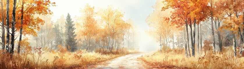 Obraz premium Serene autumn landscape with colorful trees and a winding pathway.