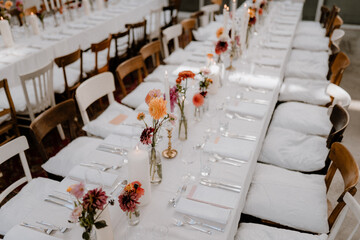 wedding table setting with colorful flowers