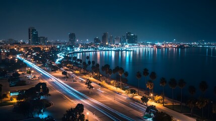 Fototapeta premium Night view of a city skyline reflecting on water, with vibrant lights and palm trees.