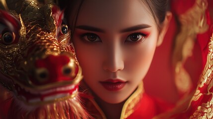 Fototapeta premium Close-up of female dragon dancer celebrating chinese new year festival