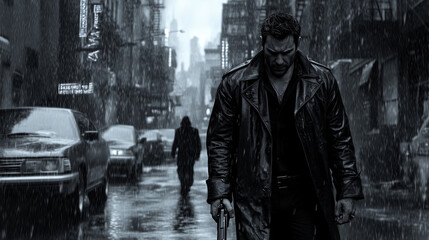Naklejka premium A determined and intense-looking man with the gun walking through a rain-soaked street.