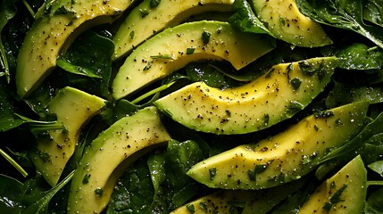 Close-up of avocado slices and spinach with salt and pepper.
