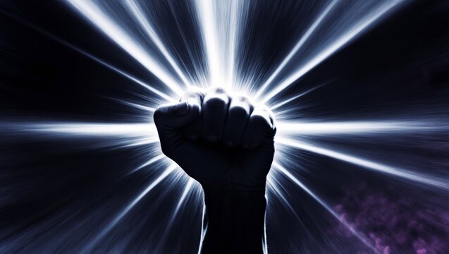 Powerful fist surrounded by energy in a dark atmosphere.