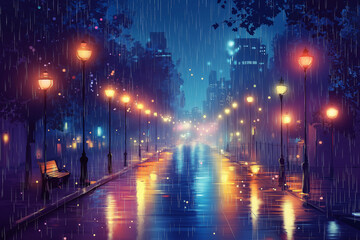 Obraz premium Anime cartoon style rainy night in city 