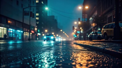 Fototapeta premium Moody Rainy City Street with Car Headlights