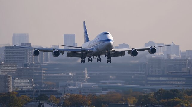 Large Commercial Airliner Approaching for Landing Over City Skyline