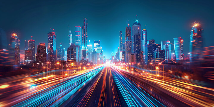 Vibrant city skyline illuminated at night with rushing lights from busy roads