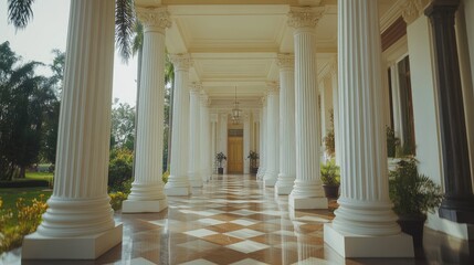 Obraz premium Elegant Corridor with Columns and Patterned Floor