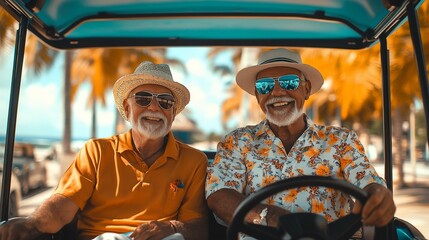 Two happy senior men wearing sunglasses and hats smiling while driving a golf cart.