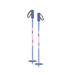 Pair of ski pole in pink and blue colors. Hand drawn vector illustration in flat style. Winter mountain sport equipment. Set of ski poles. Snow winter sport