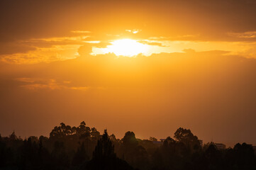 Obraz premium Sunset with trees foreground and sun shining through clouds, Mount Kenya