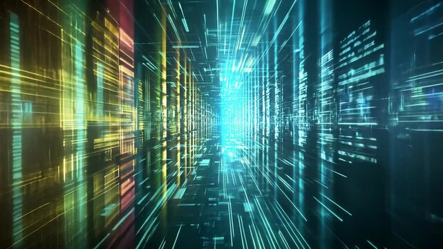 A digital corridor of glowing lines and data streams stretches into the distance, evoking a sense of vastness and infinite possibilities