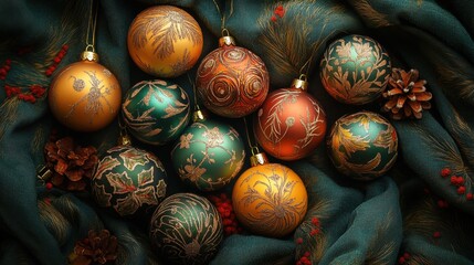 Vintage-style Christmas balls in vibrant hues of mustard yellow, olive green, and burnt orange, decorated with classic 1960s patterns, nestled in a cozy mid-century setting
