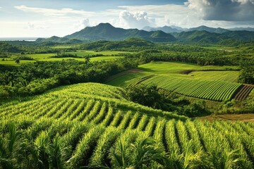 Fototapeta premium Aerial view of colorful sugarcane fields in caribbean scenery, farming, estates, tropical islands, collected crops, farmland