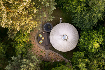 Top view of glamping camp with yurt