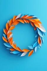 Obraz premium A blue background with a wreath of orange and blue leaves