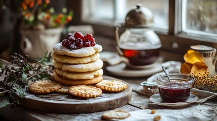 Delicious stack of pancakes with berries and jam, creating a cozy breakfast scene.