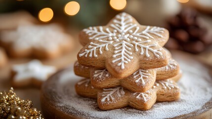 A stack of beautifully decorated snowflake cookies on a wooden platter.