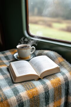 Open book and hot coffee cup on a plaid blanket, set against a snowy view from a train window on a winter day.