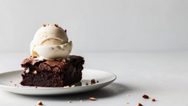 Delicious chocolate brownie topped with vanilla ice cream and nuts.