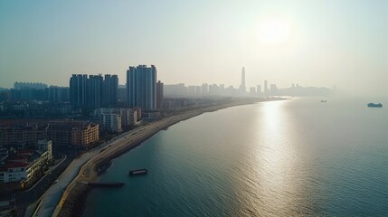 Fototapeta premium Elevated Coastal Cityscape with Skyline and Waterfront Scenery