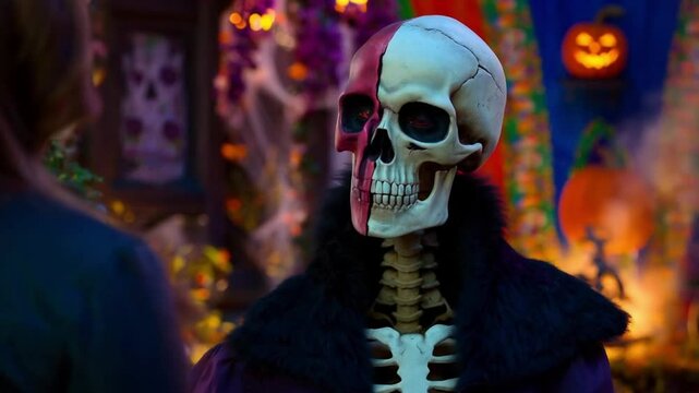 Horror skull man. Halloween horror concept art. Split face. Half skull and half skeleton. Fantasy cinematic supernatural style. Day of the dead. Video 4K