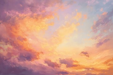 Mysterious evening ambiance illustrated in vibrant tones of coral, rose, and violet, embellished with soft clouds, evoking a sense of serene tranquility