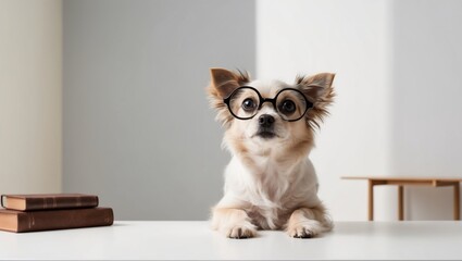 A cute dog wearing glasses with a curious expression indoors.